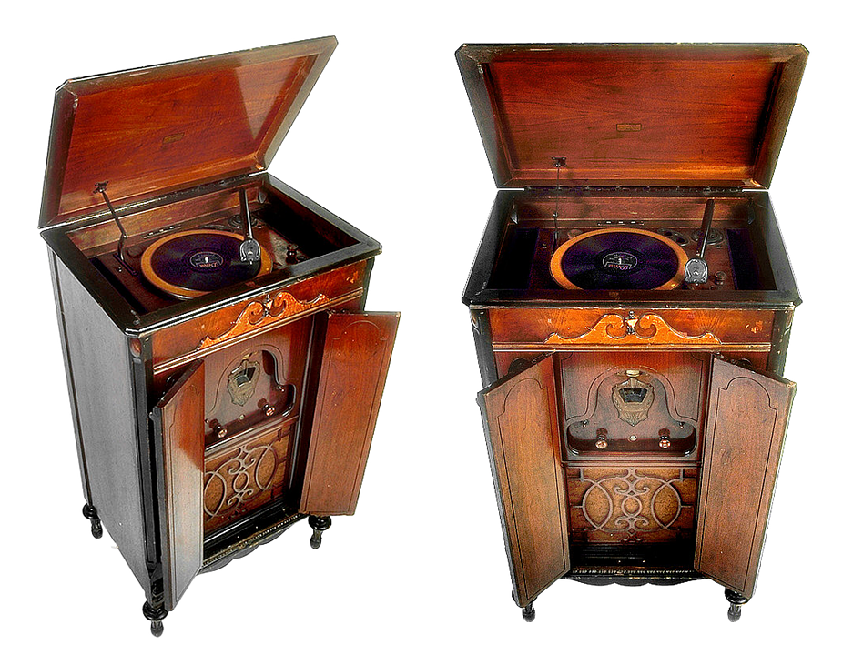 Antique Gramophone Open Closed Views PNG image