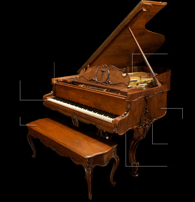 Antique Grand Piano With Bench PNG image