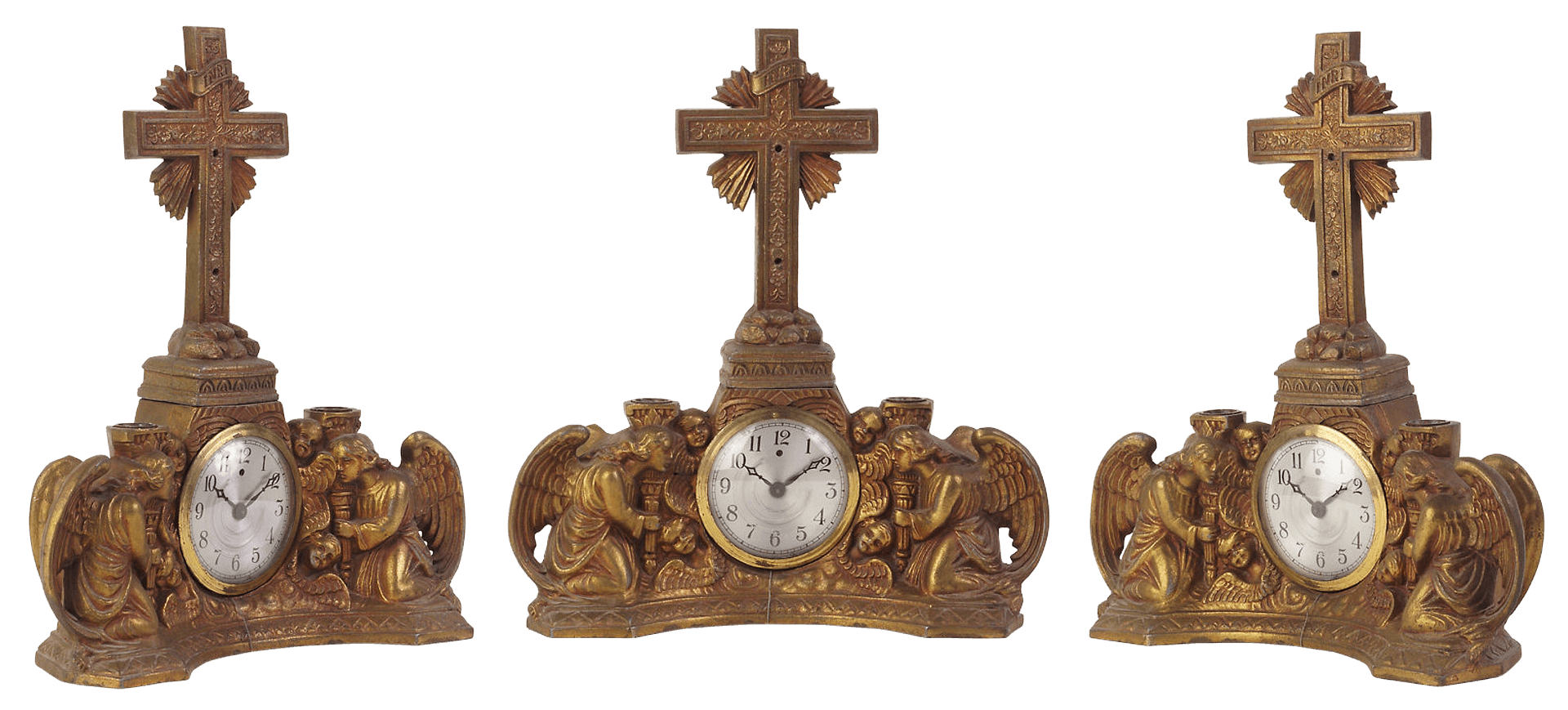 Antique Religious Mantel Clock Set PNG image