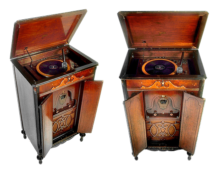 Antique Victrola Phonograph Twin View PNG image