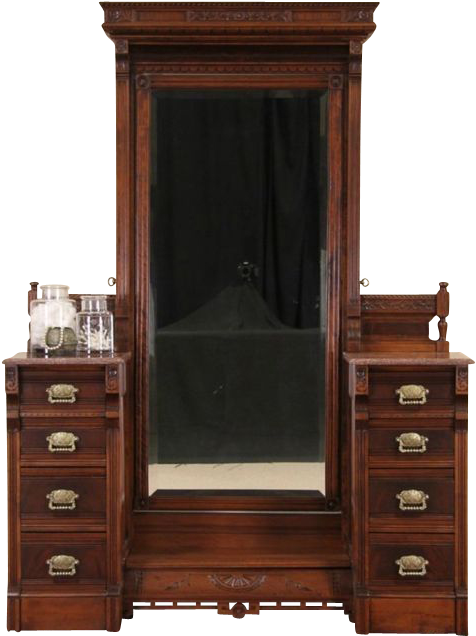 Antique Wooden Dressing Table With Mirror PNG image