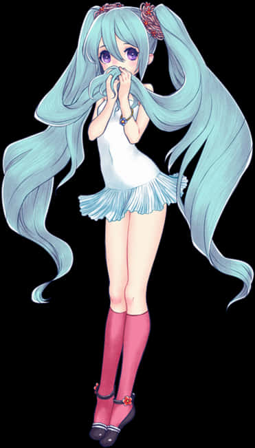 Aqua Haired Anime Girlin White Dress PNG image