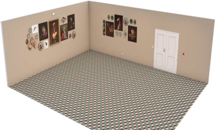 Artistic Room Checkerboard Floor White Door PNG image