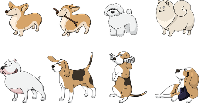 Assorted Cartoon Dog Breeds PNG image
