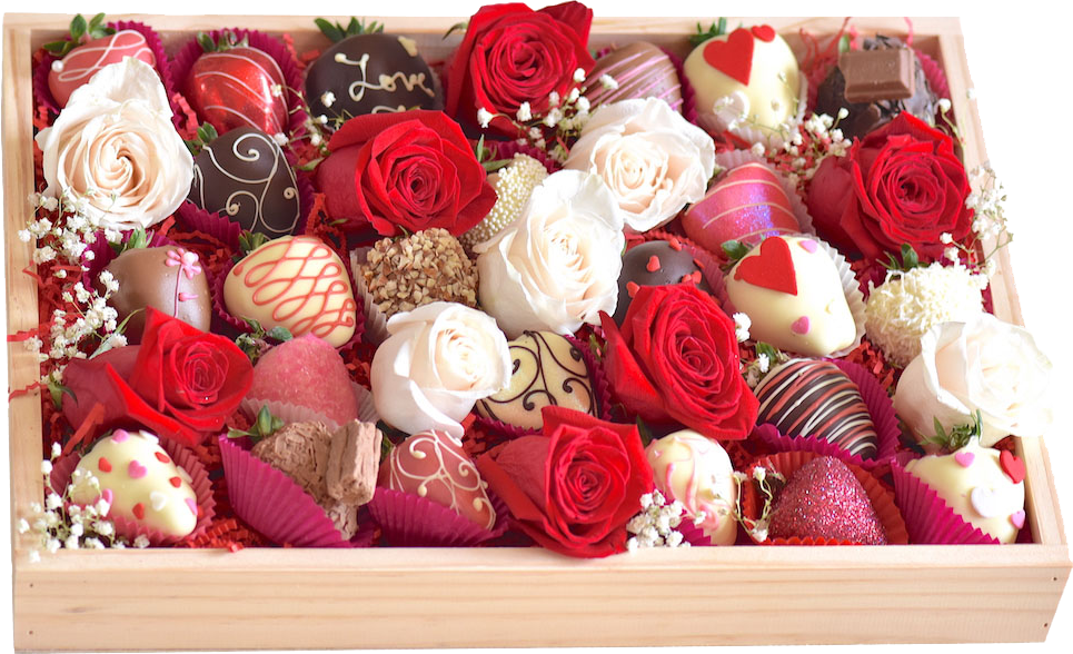 Assorted Chocolate Covered Strawberriesand Roses PNG image