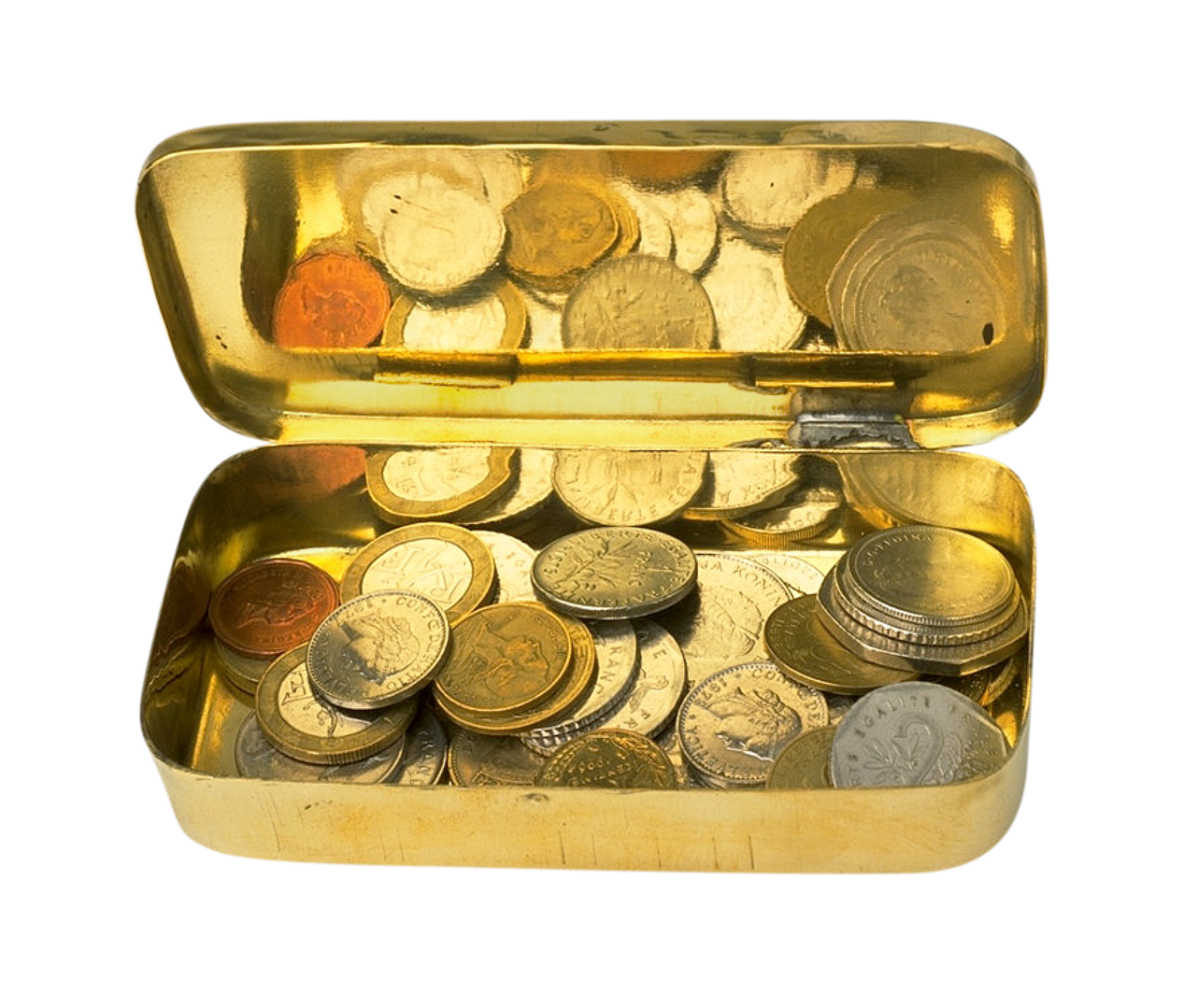 Assorted Coinsin Gold Tin Box PNG image