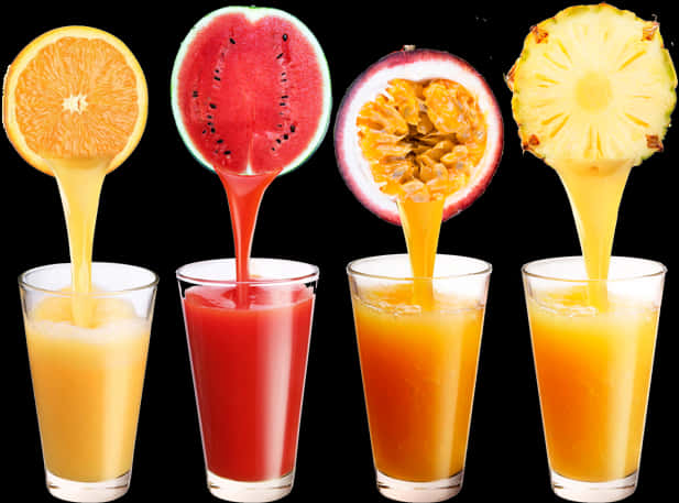 Assorted Fruit Juices Pouring Into Glasses PNG image