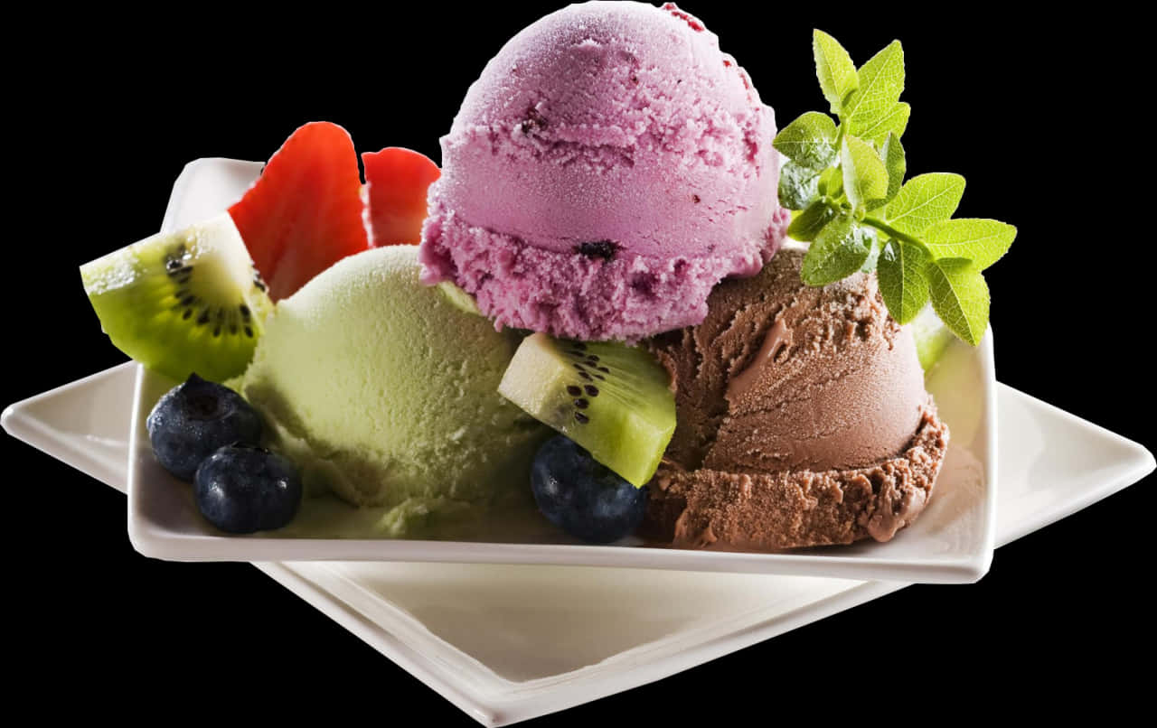 Assorted Ice Cream Scoopswith Fruit Garnish PNG image