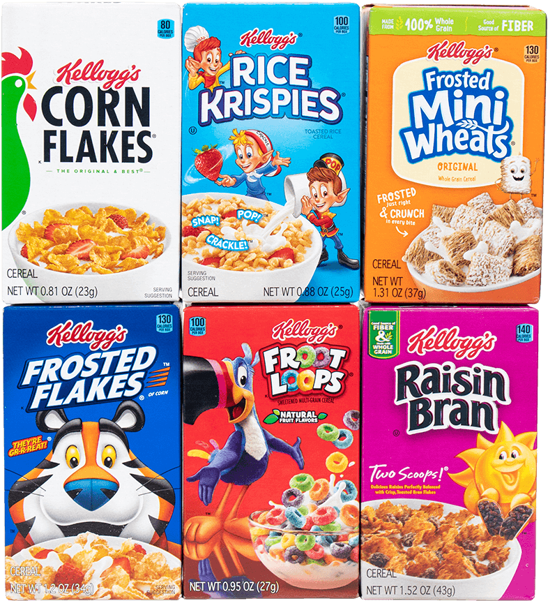 Assorted Kelloggs Cereal Boxes PNG image