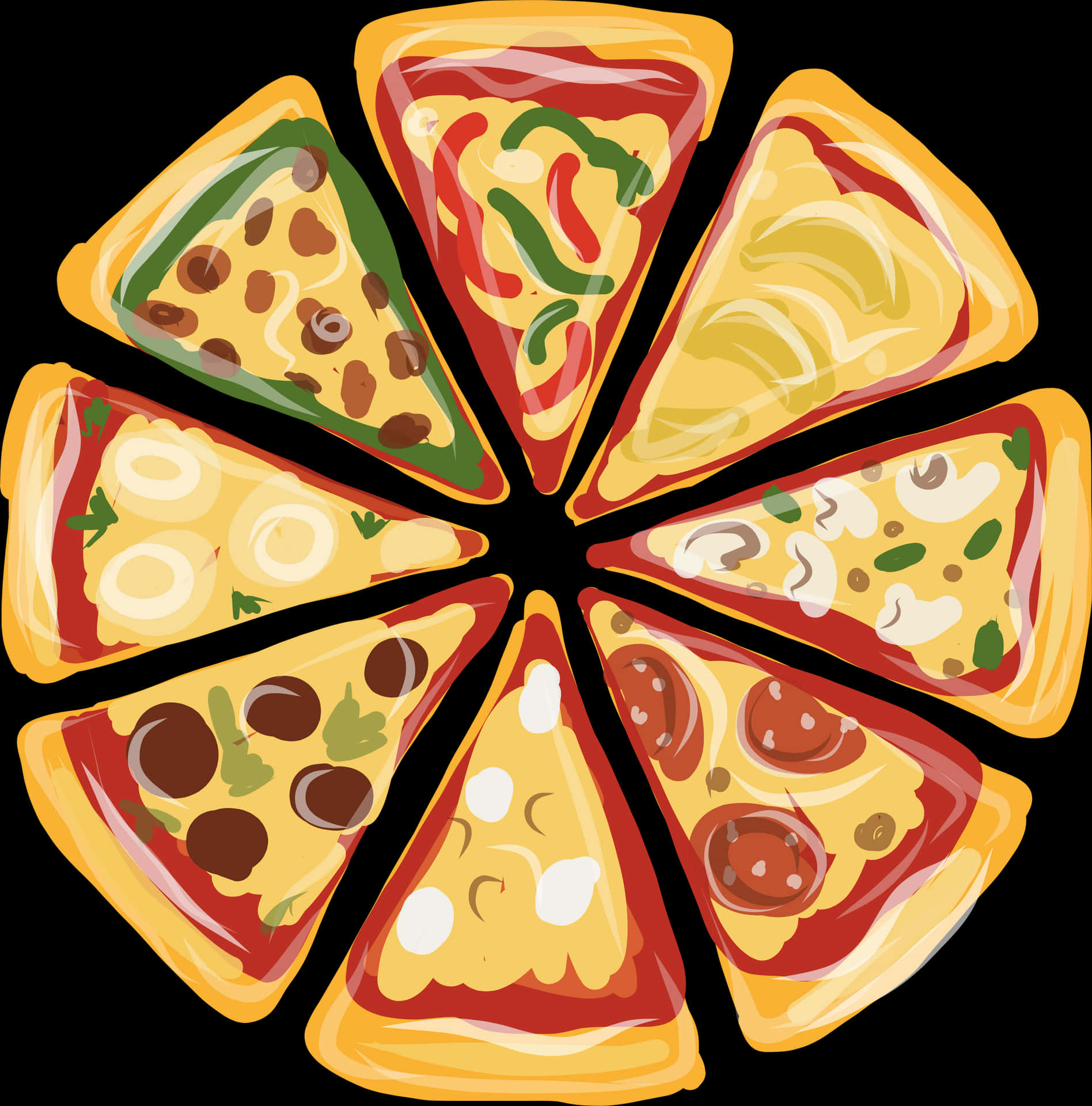 Assorted Pizza Slices Circle Illustration PNG image