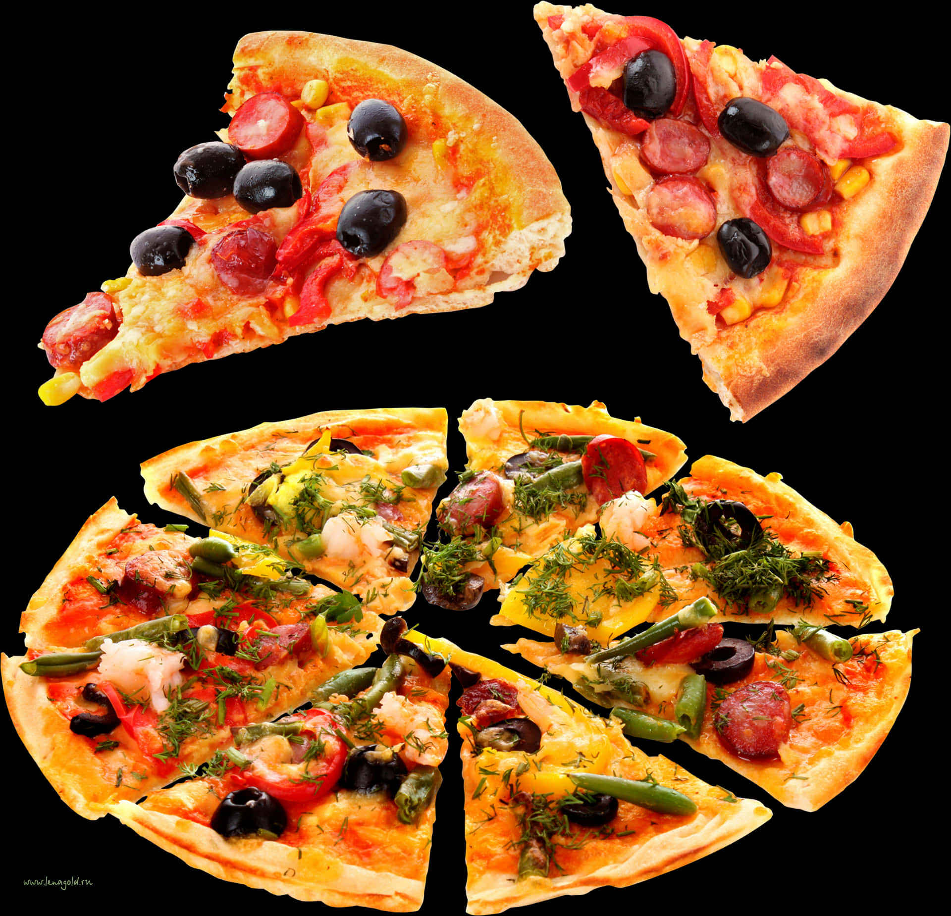 Assorted Pizza Slices Isolatedon Black PNG image