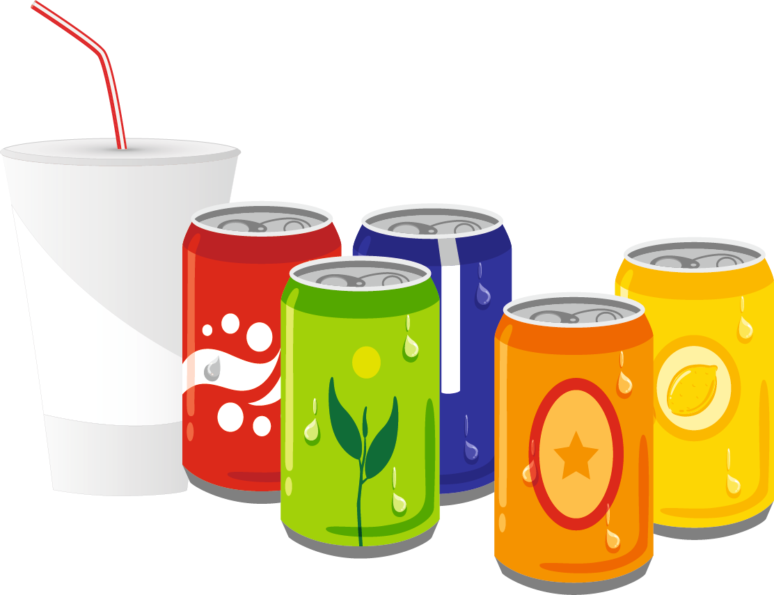 Assorted Soda Cansand Cupwith Straw PNG image