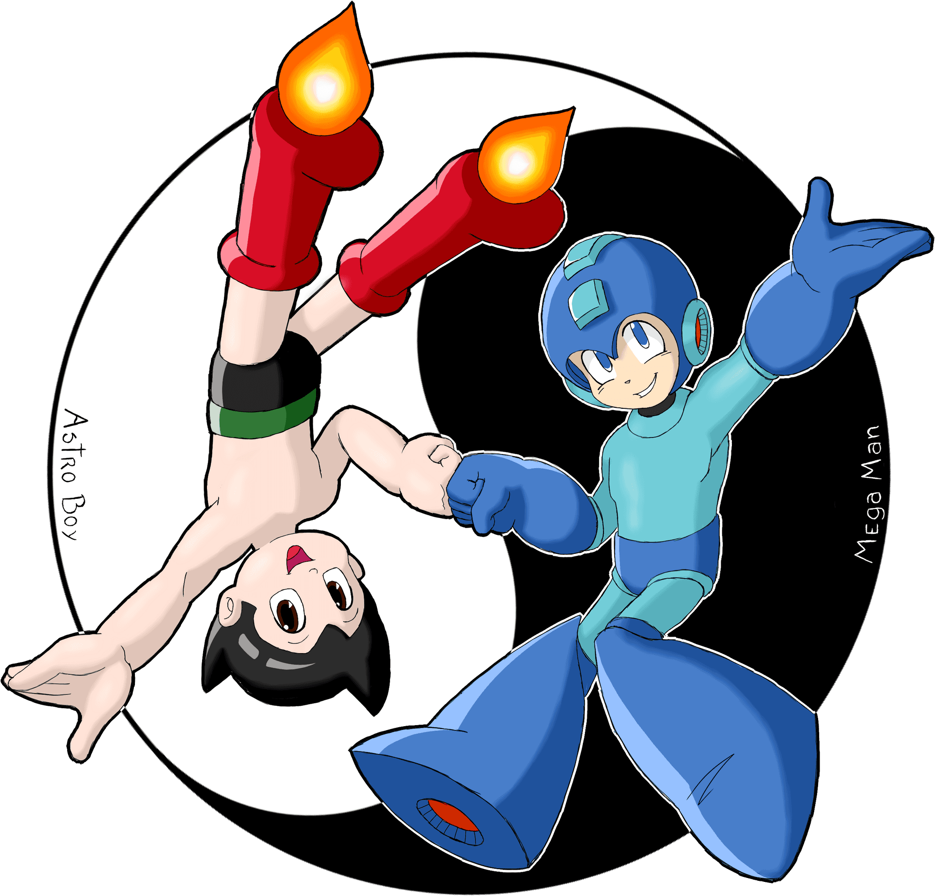 Astro Boyand Mega Man Friendly Gesture PNG image