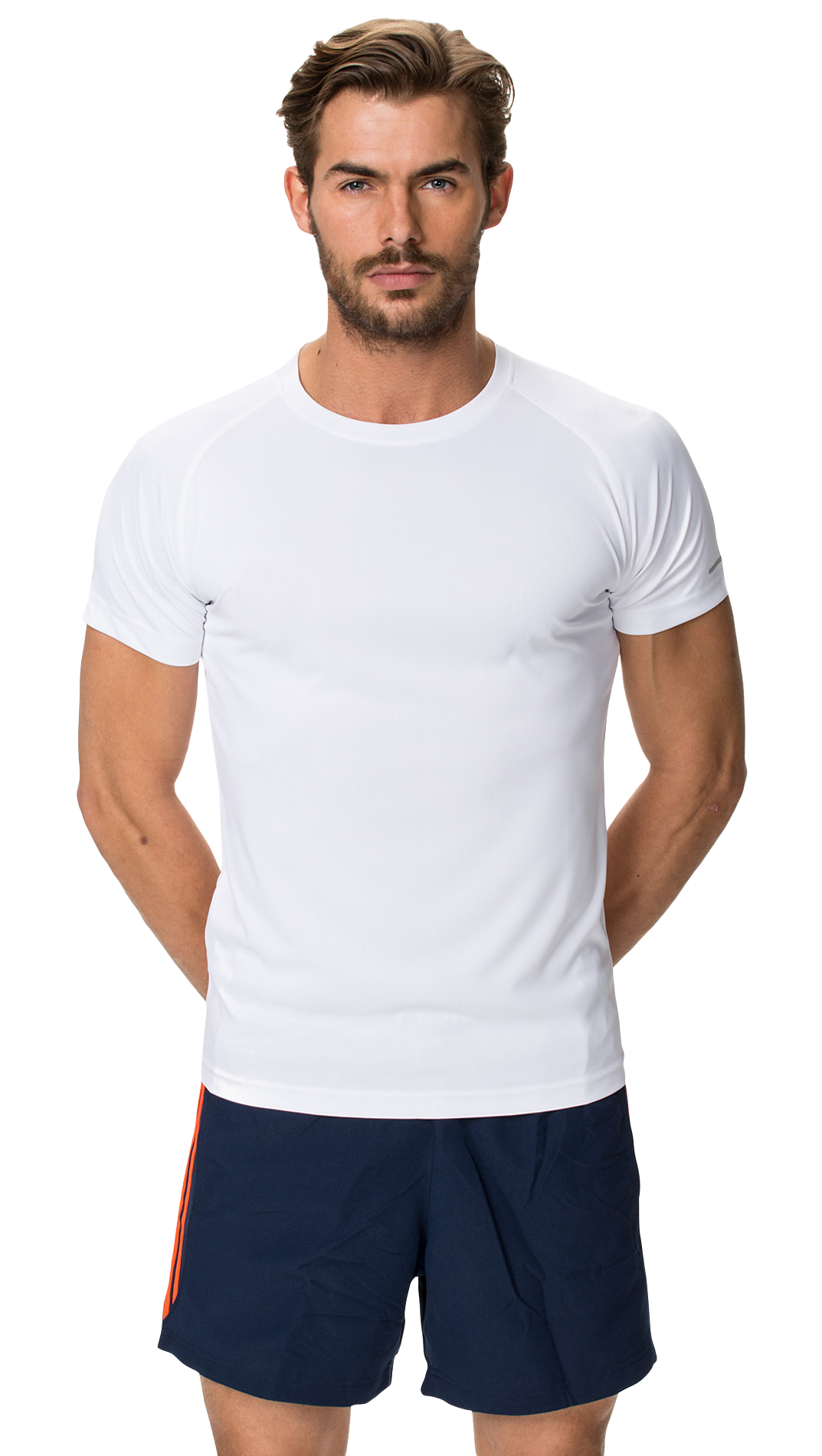 Athletic Man White Shirt Navy Shorts PNG image