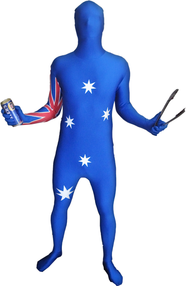 Australia Themed Morphsuit Holding Flagand Snag PNG image