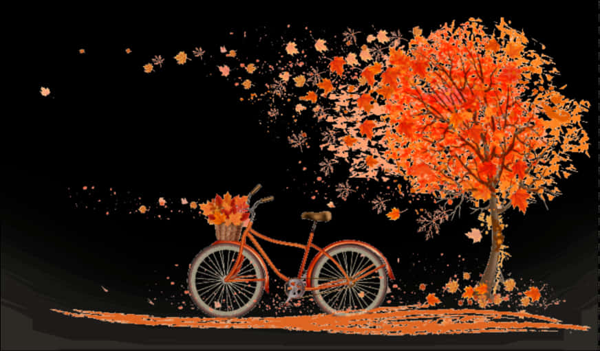 Autumn Bicycleand Falling Leaves PNG image