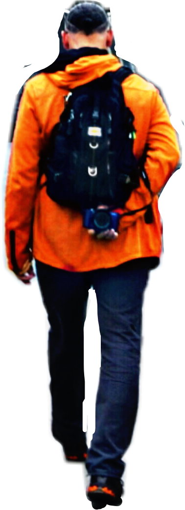 Backpackerin Orange Jacket Walking PNG image