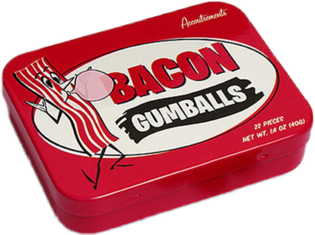 Bacon Flavored Gumballs Tin Packaging PNG image