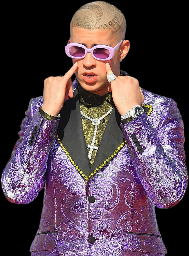 Bad Bunny Purple Blazerand Sunglasses PNG image