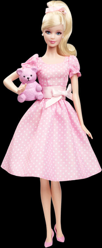 Barbie Dollin Pink Dresswith Teddy Bear PNG image