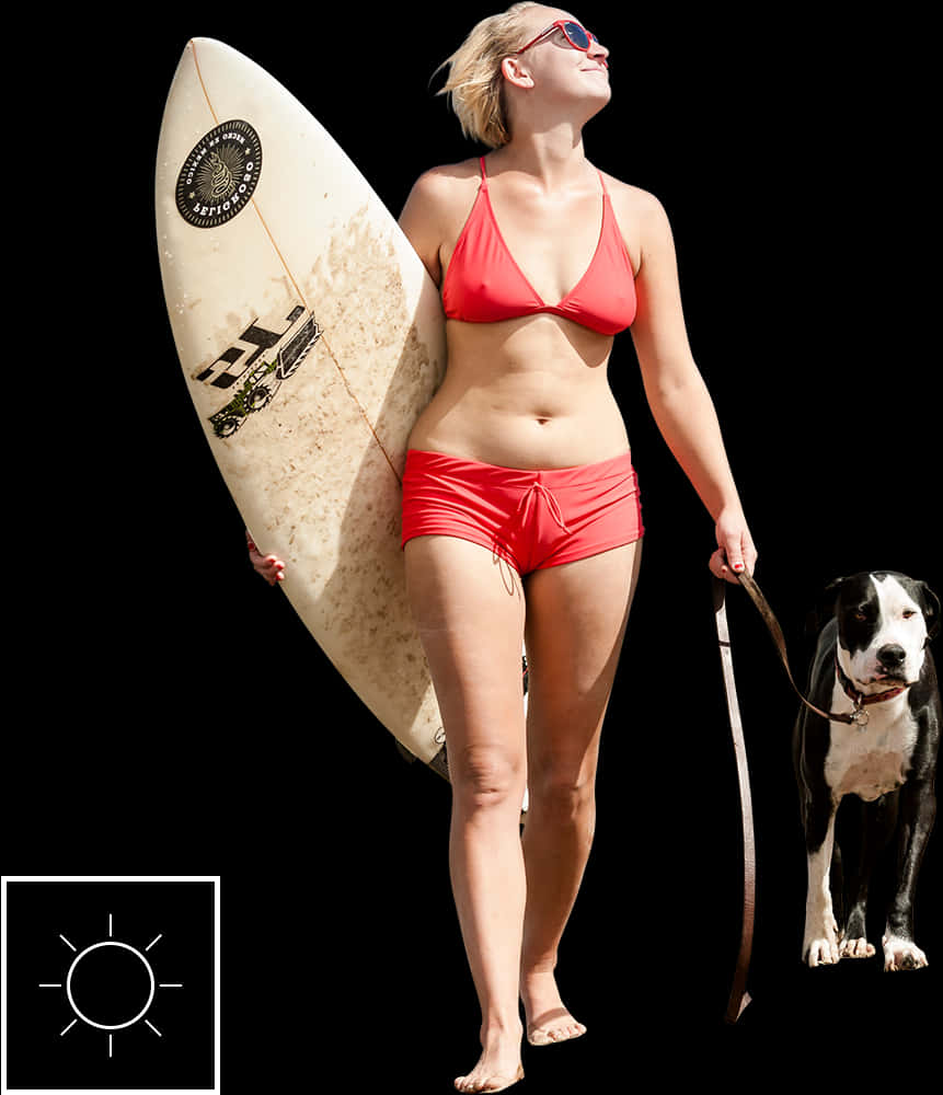 Beach Ready Womanwith Surfboardand Dog PNG image