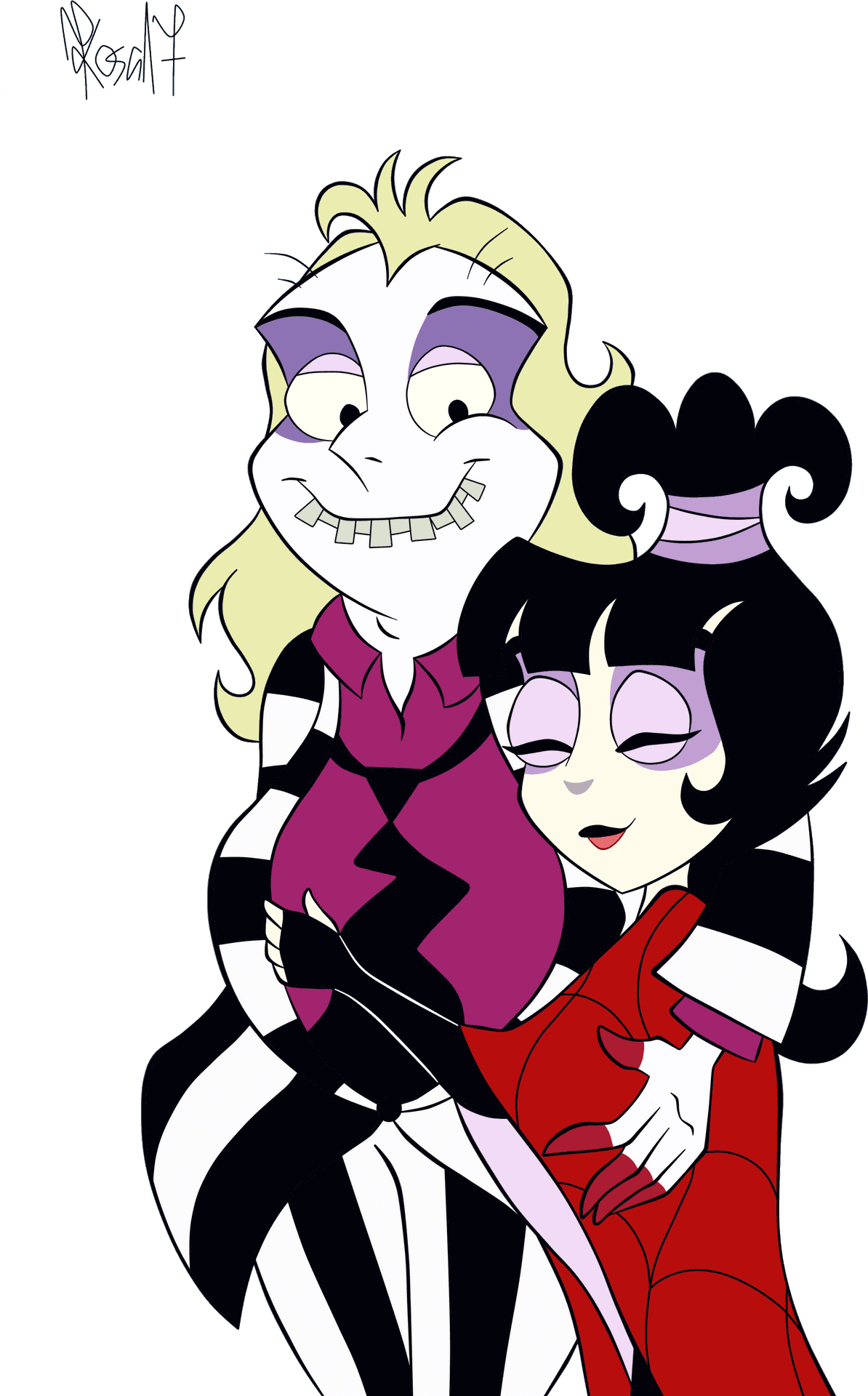 Beetlejuiceand Lydia Cartoon Embrace PNG image