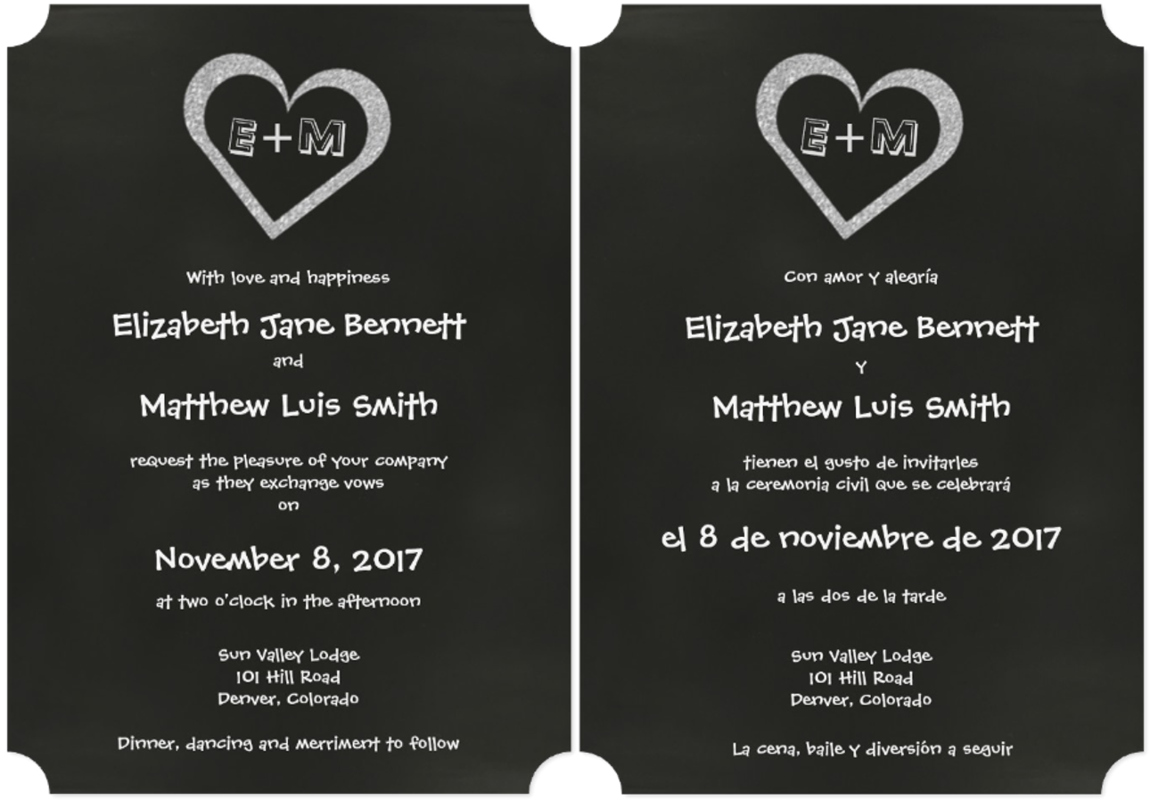 Bilingual Wedding Invitation Black White Heart PNG image