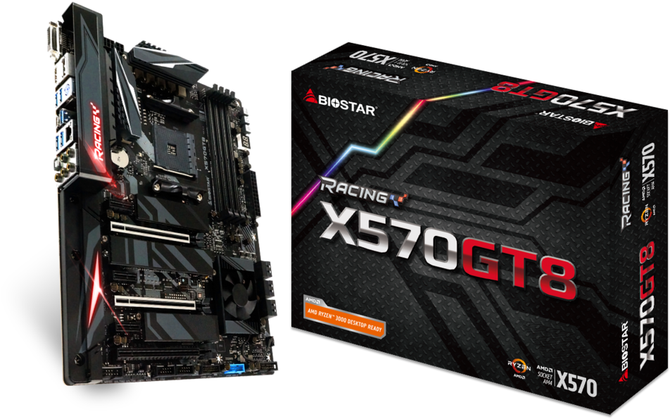 Biostar Racing X570 G T8 Motherboardand Packaging PNG image