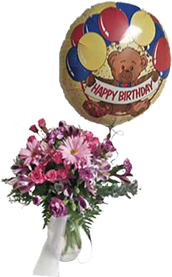 Birthday Bear Balloonand Flower Bouquet PNG image