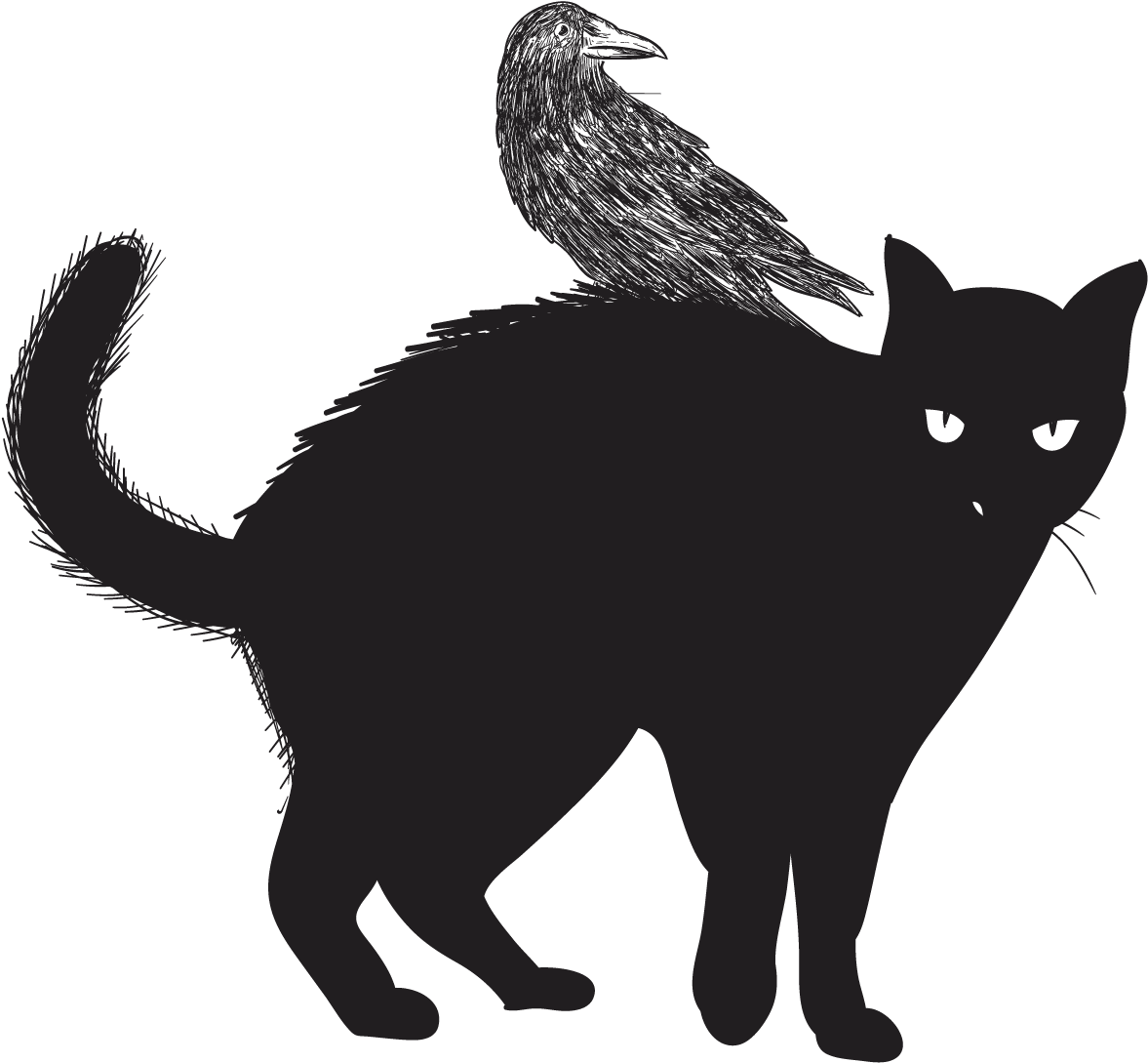 Black Catwith Raven Silhouette PNG image