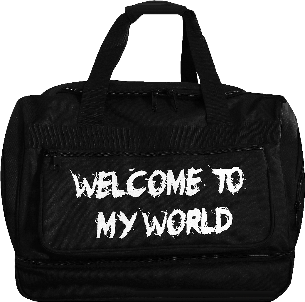 Black Duffle Bag Welcome To My World Print PNG image