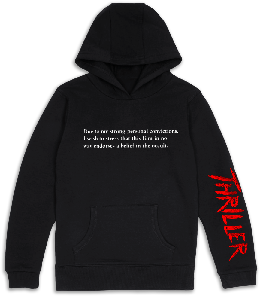 Black Hoodie With Occult Disclaimer Red Graphic PNG image