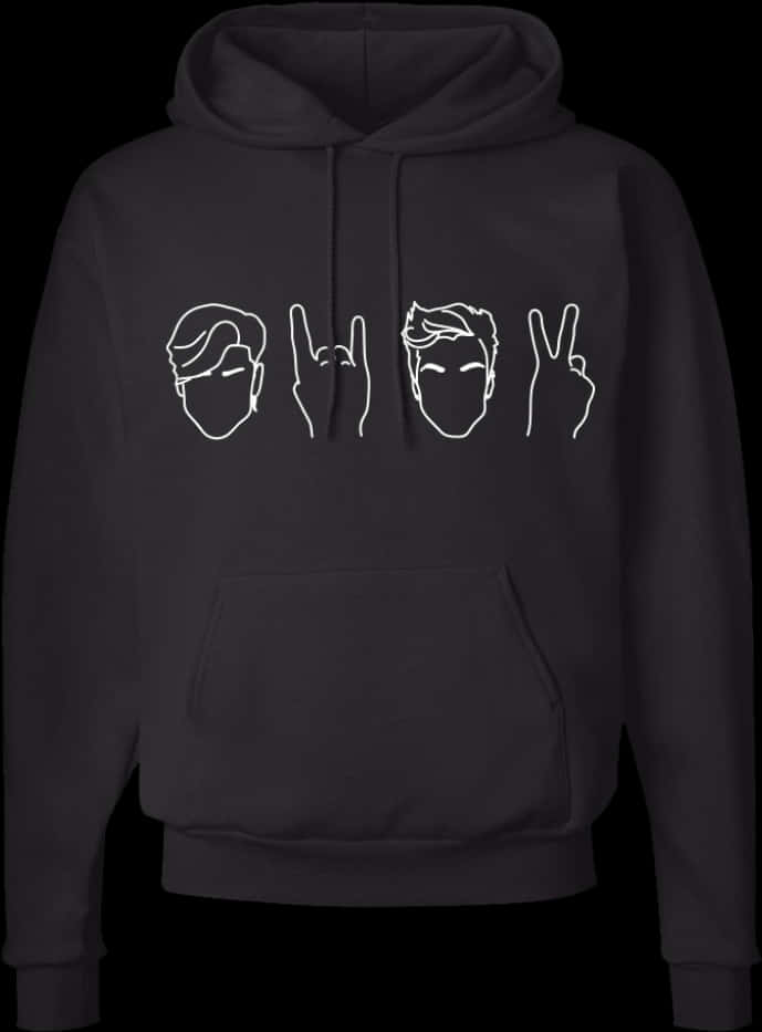 Black Hoodiewith White Face Outlinesand Hand Signs PNG image