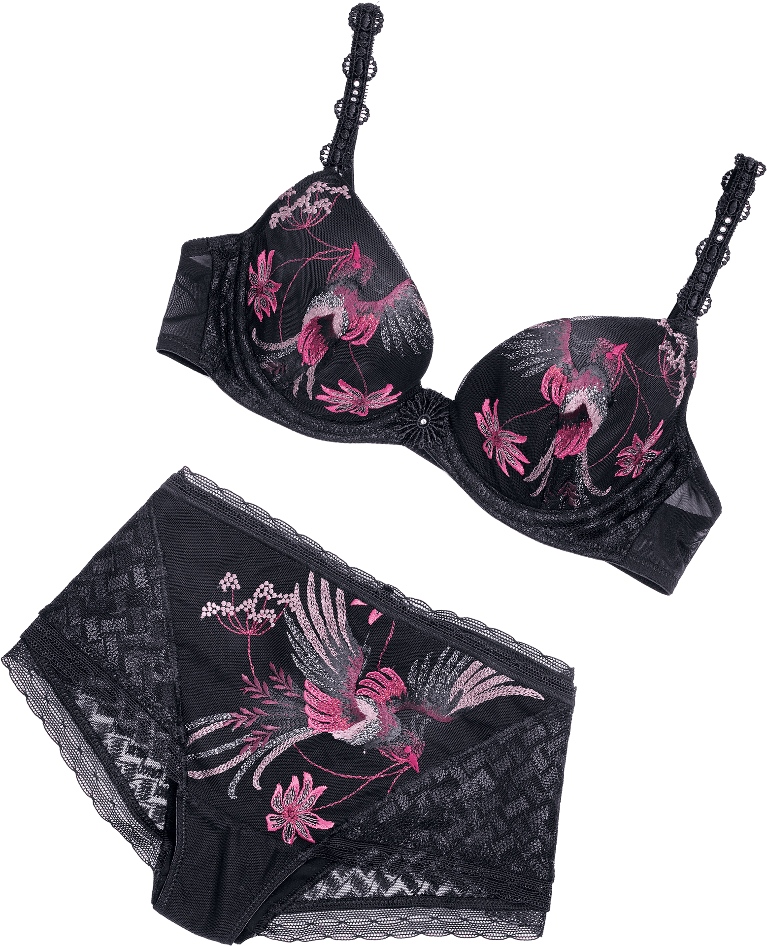 Black Pink Embroidered Lingerie Set PNG image