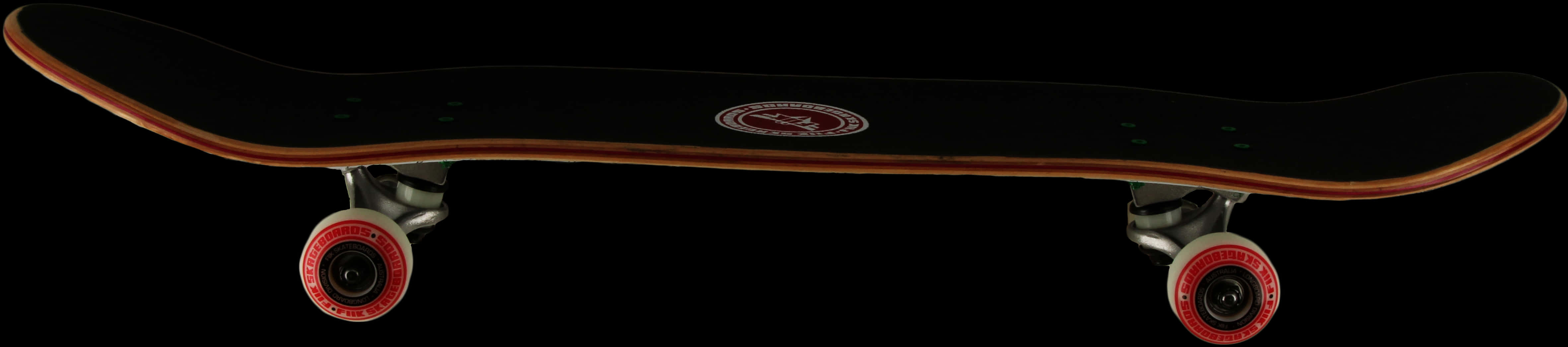 Black Skateboard Red Wheels Side View PNG image