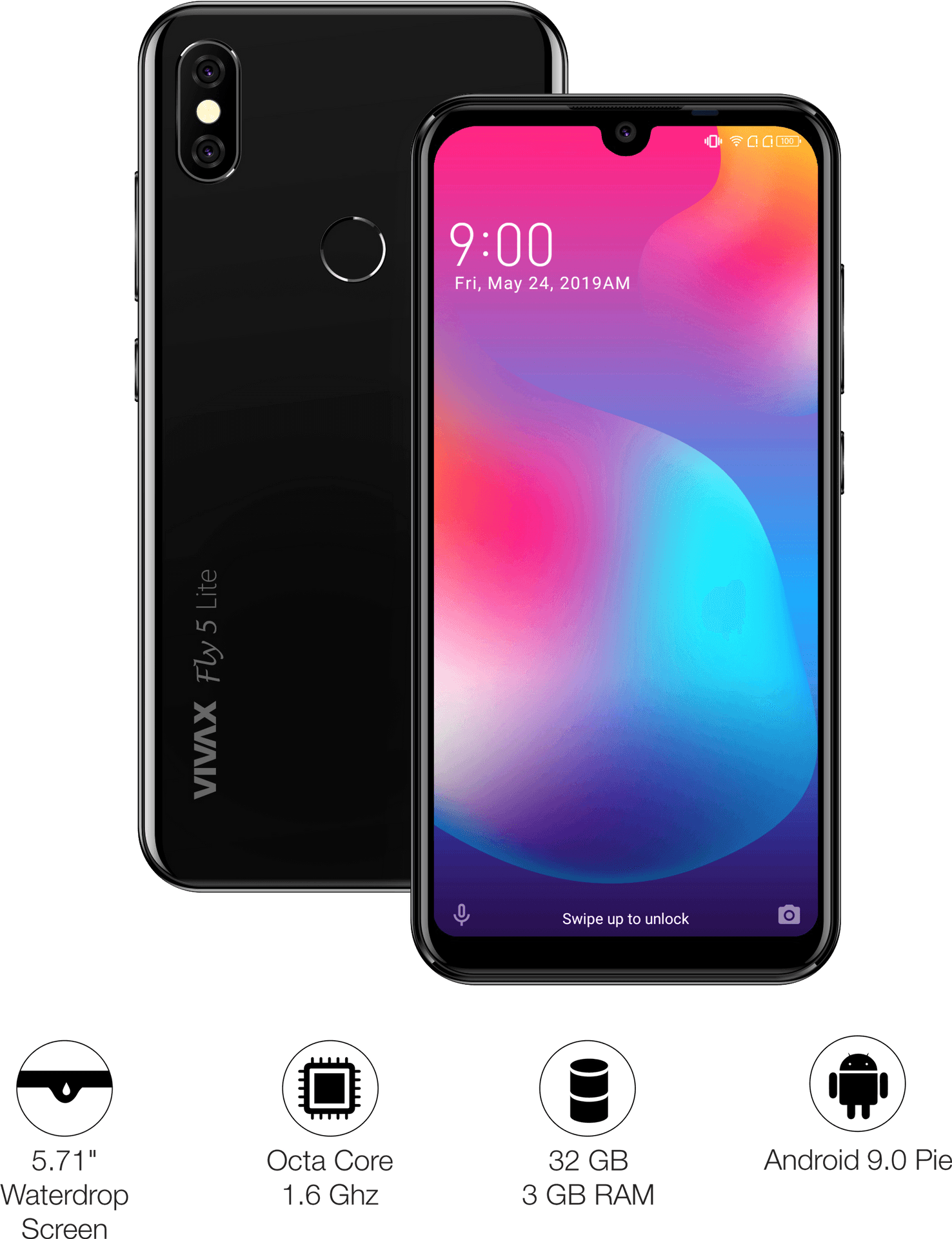 Black Smartphone Win Max Fly5 Lite Features PNG image