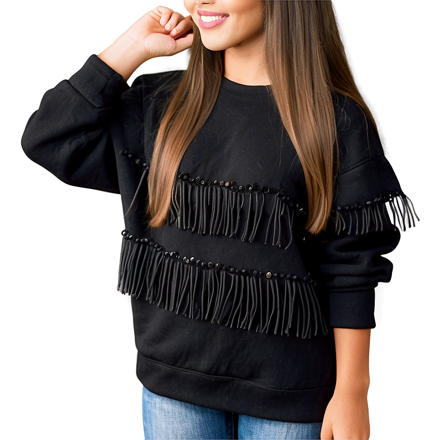 Black Sweatshirt With Fringe Trim Png Kfn52 PNG image