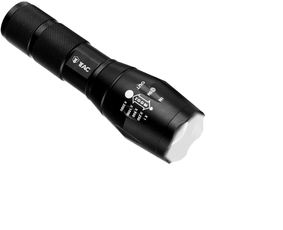 Black Tactical Flashlight Illuminating PNG image