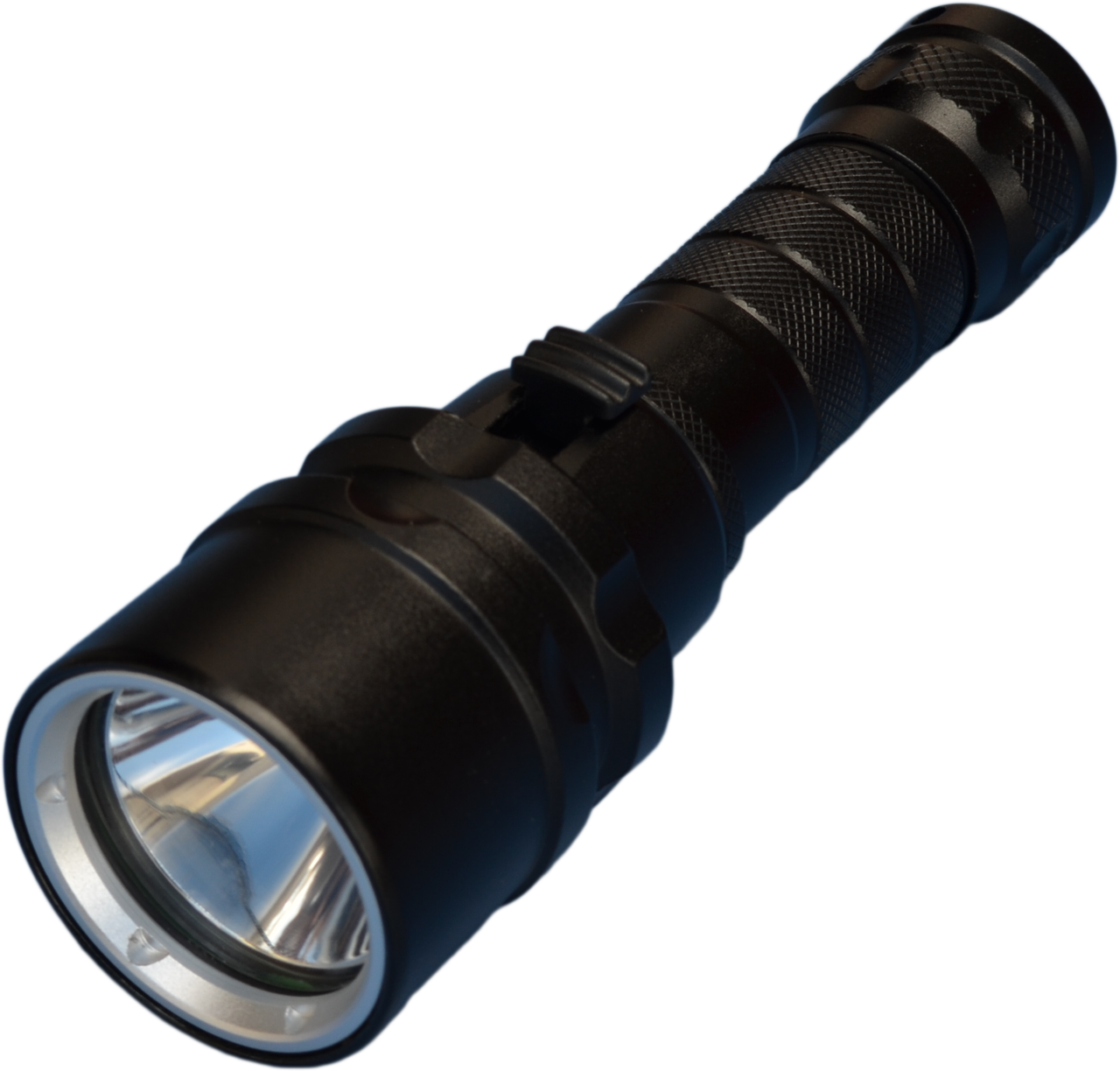 Black Tactical Flashlight PNG image