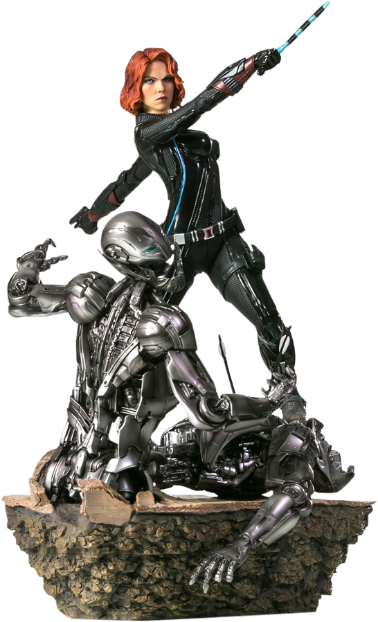 Black Widow Defeating Robot Adversary PNG image