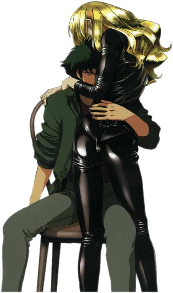 Blonde Anime Character Hugging Man PNG image