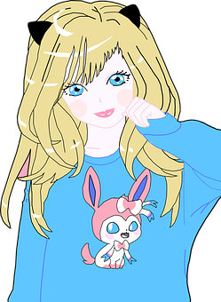 Blonde Anime Girl With Pink Creature PNG image