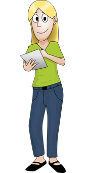 Blonde Cartoon Woman Holding Tablet PNG image