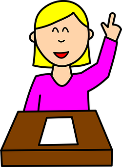 Blonde Girl Raising Handat Desk PNG image