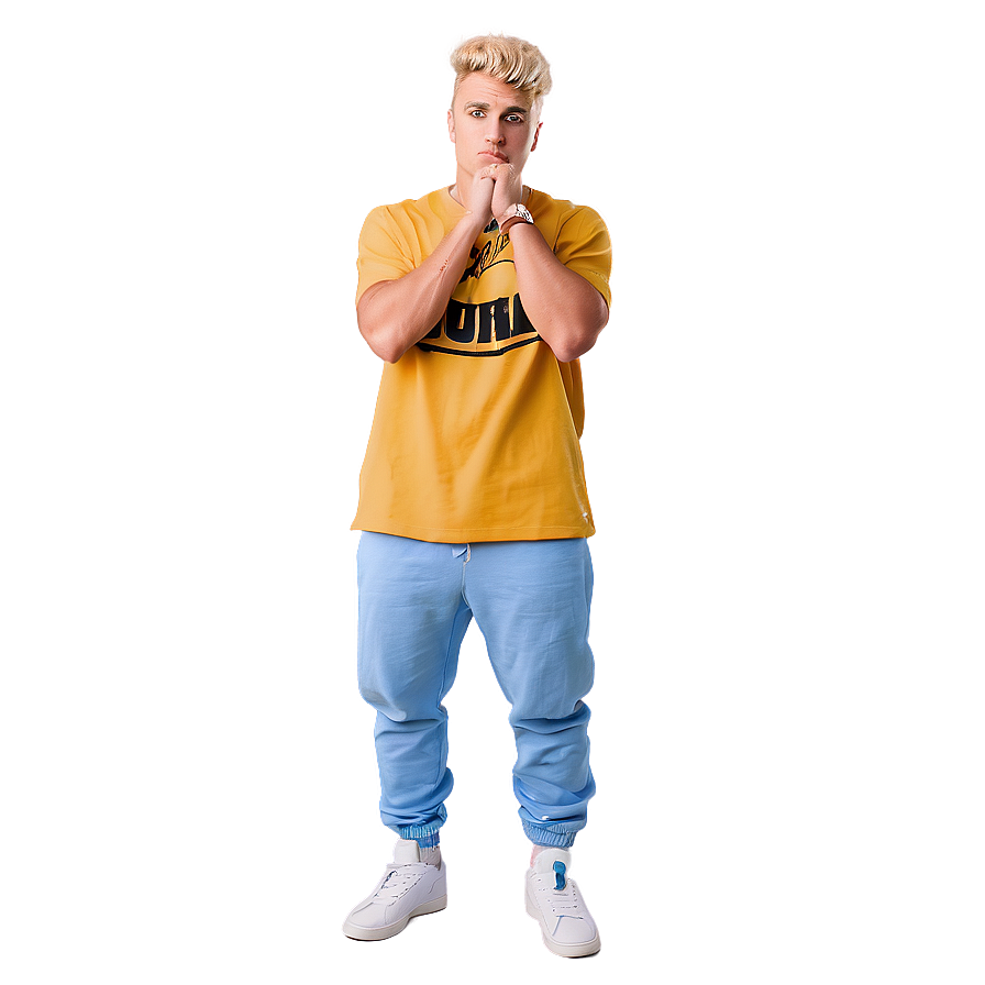 Blonde Manin Yellow Shirt Blue Jeans PNG image