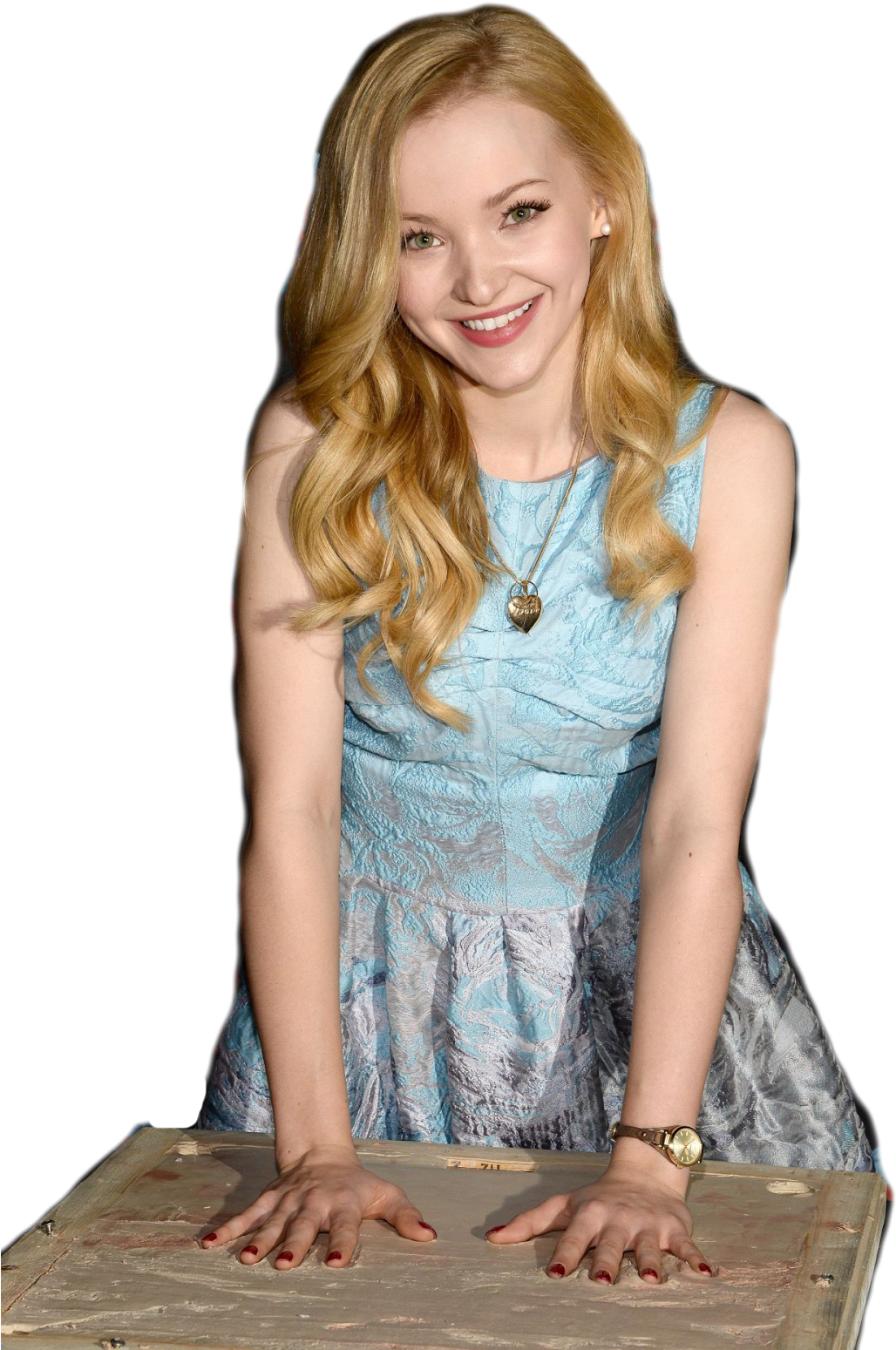 Blonde Woman Blue Dress Leaning On Table PNG image