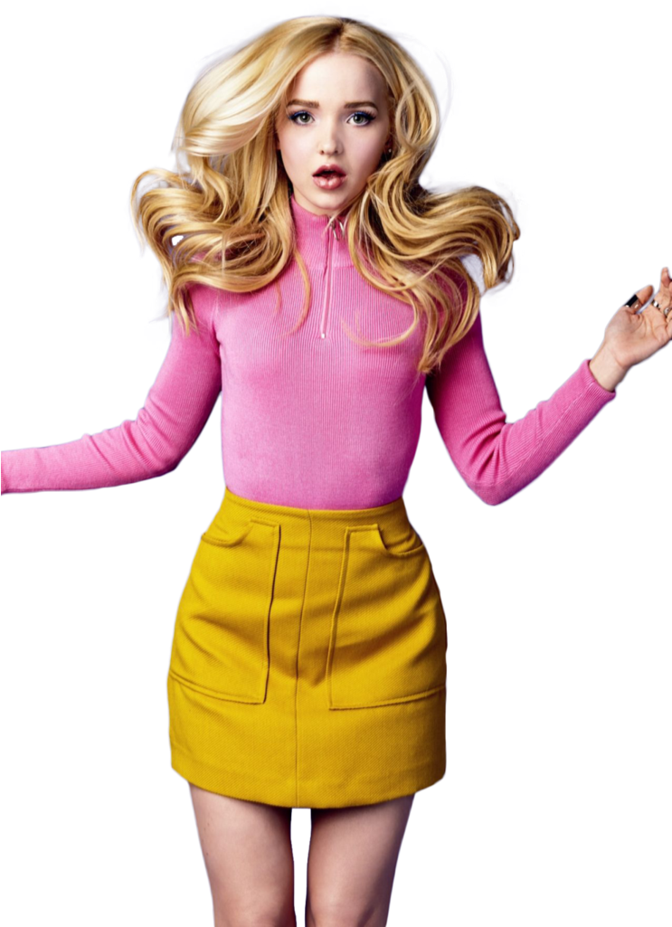 Blonde Woman Pink Sweater Yellow Skirt PNG image
