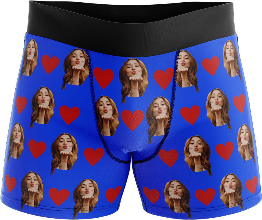 Blue Boxer Briefswith Faceand Hearts Print PNG image