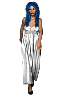 Blue Haired Animated Characterin White Dress PNG image