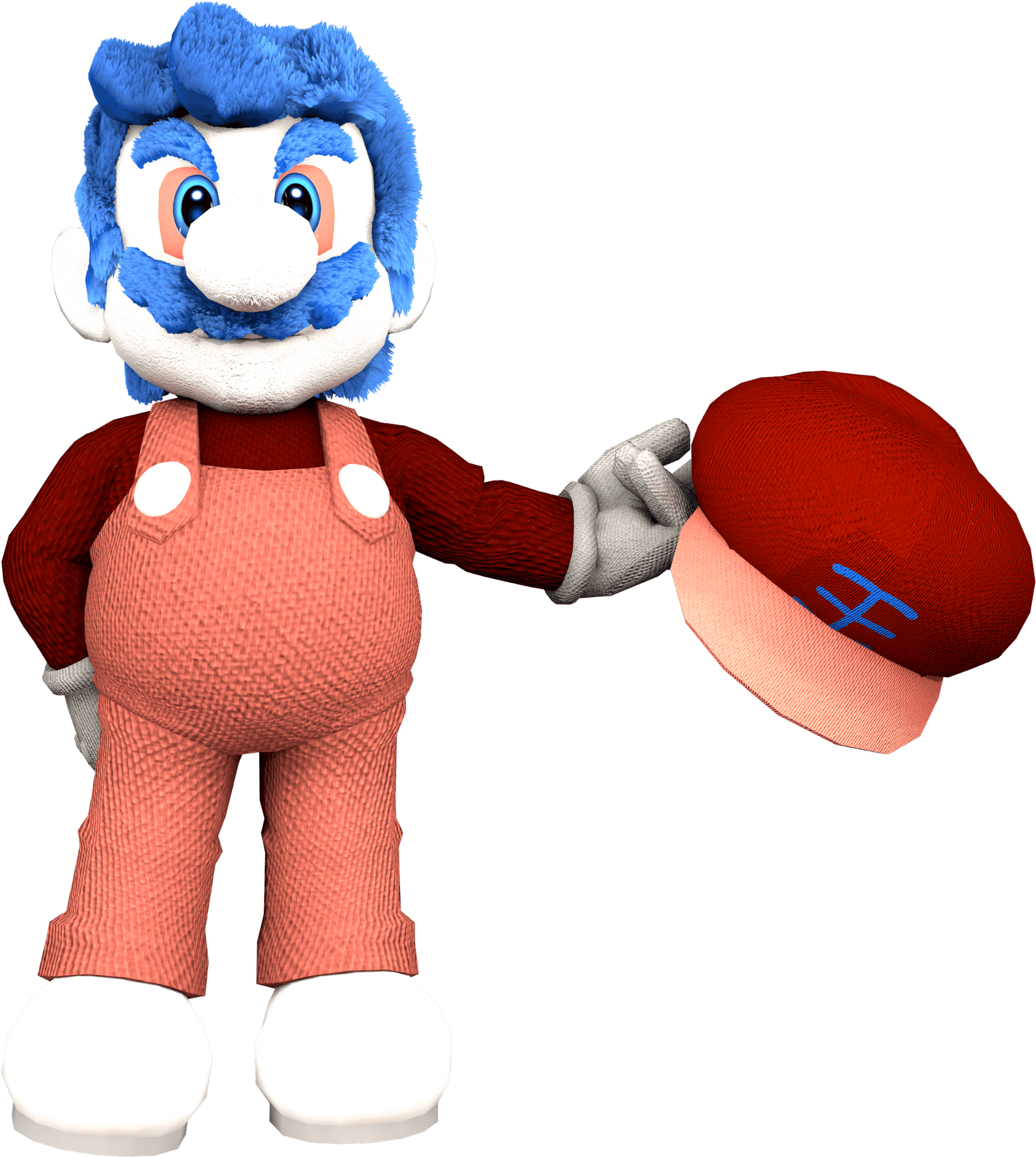 Blue Mustached Character Holding Hat PNG image